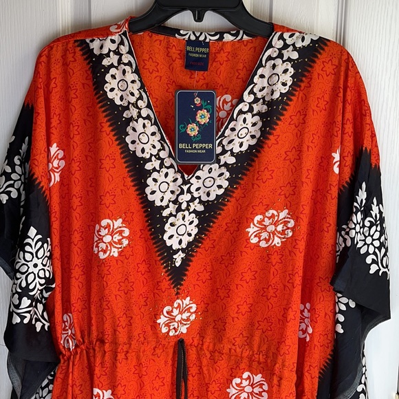 NWT BELL PEPPER EMBELLISHED ORANGE & BLACK CAFTAN - Picture 3 of 9